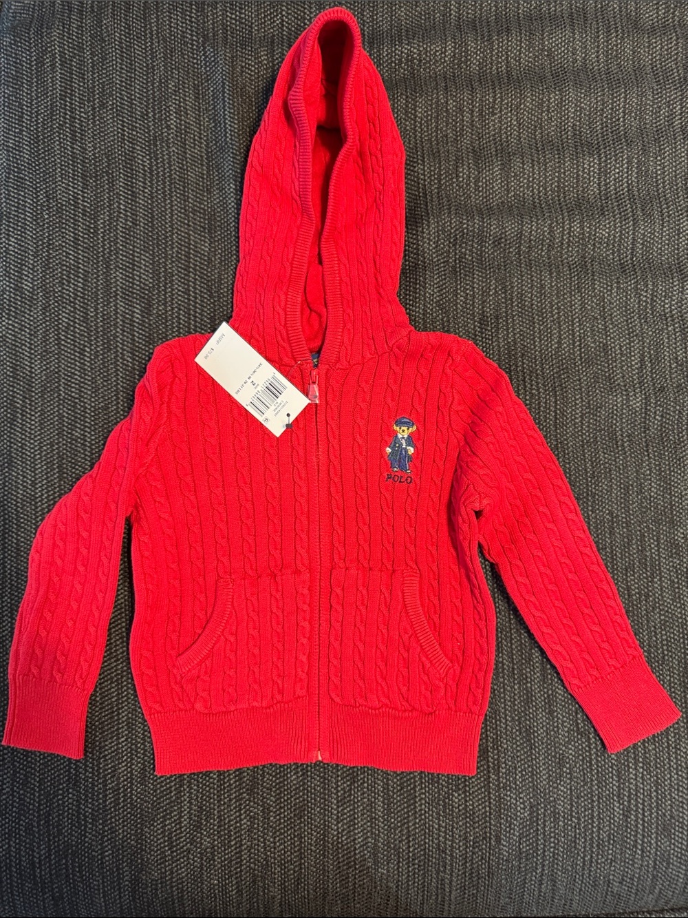 Polo by Ralph Lauren Red Cable-Knit Hooded Zip Sweater with Bear Patch